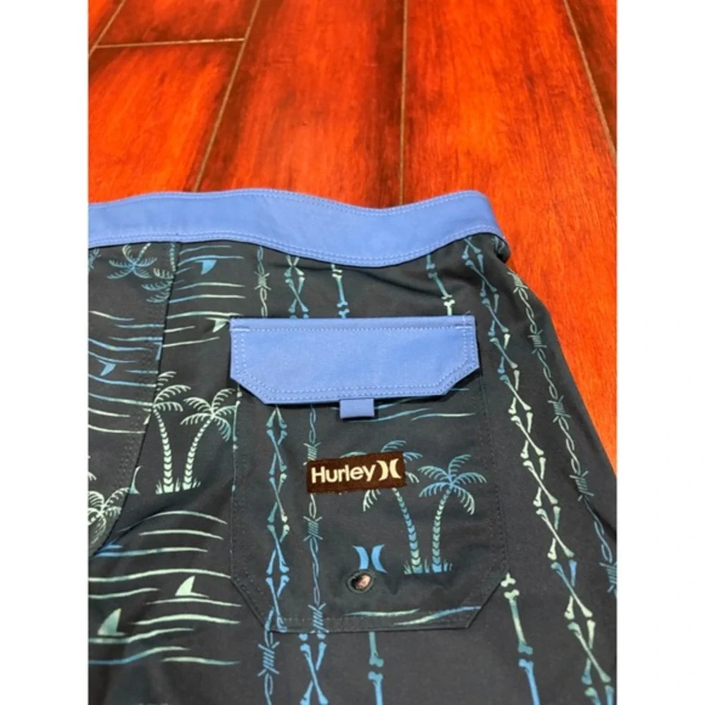 Kids Hurley Board Shorts Teal Blue 4‎ Way StretchPalm Tree Bone Print Size 10 25